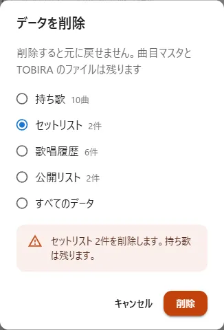 データを削除するダイアログ