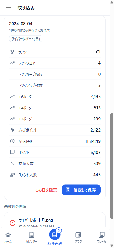 日別の保存予定カード