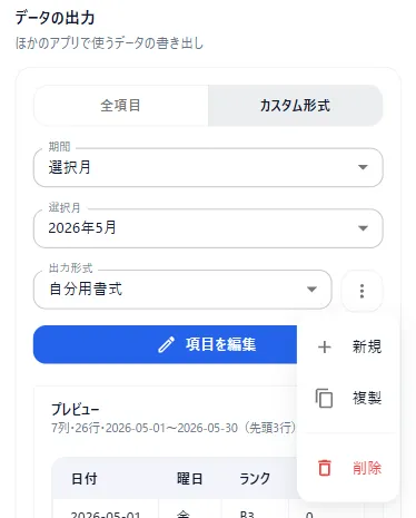 カスタム形式を新規作成・複製・削除する管理メニュー